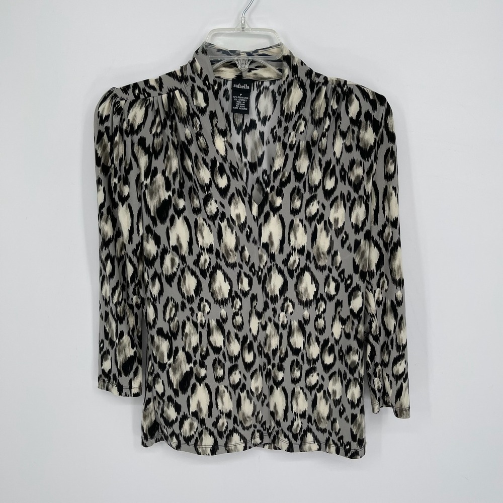 Rafaella Women's Gray Leopard Print 3/4 Sleeve V-Neck Blouse Petite‎ Small